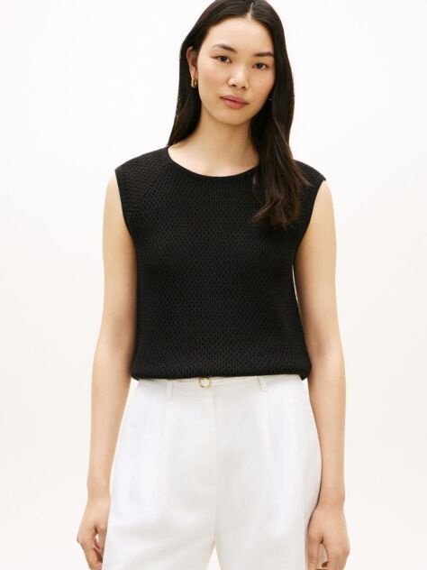 Black Open-Knit Crochet Raglan Short Sleeve Top  Women