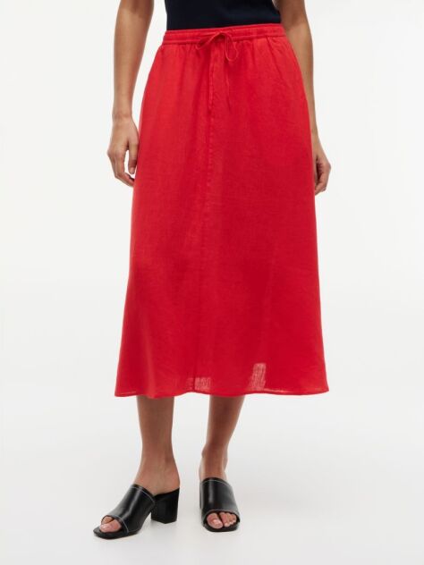 Red Pure Linen A-Line Midi Skirt  Women