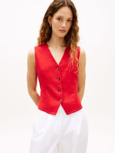 Red Linen Blend Poplin Waistcoat  Women