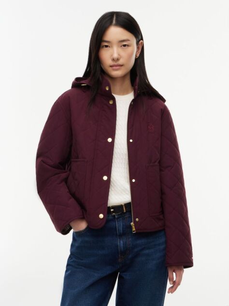 Red Crest Embroidery Square Quilted Hooded Jacket  Women