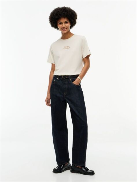 Beige Logo Embroidery Crew Neck T-Shirt  Women