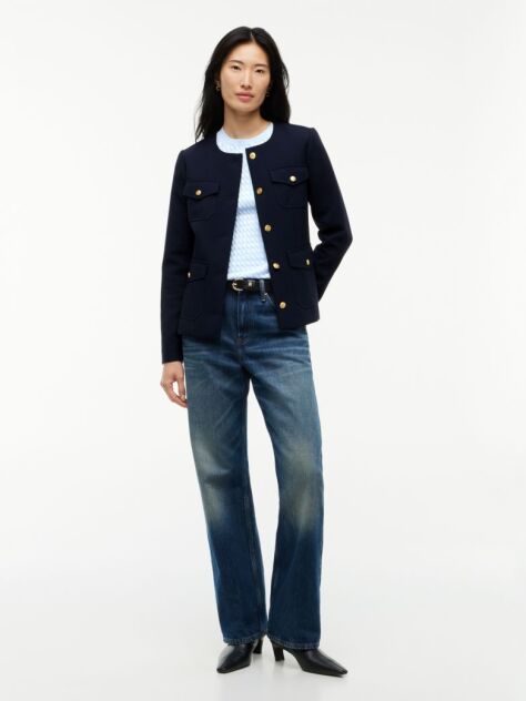 Blue Gold-Tone Button Collarless Slim Jacket  Women