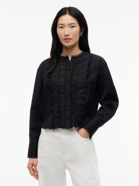 Black Boxy Fit Lace Trim Collarless Shirt  Women