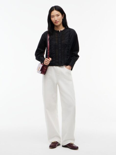 Black Boxy Fit Lace Trim Collarless Shirt  Women