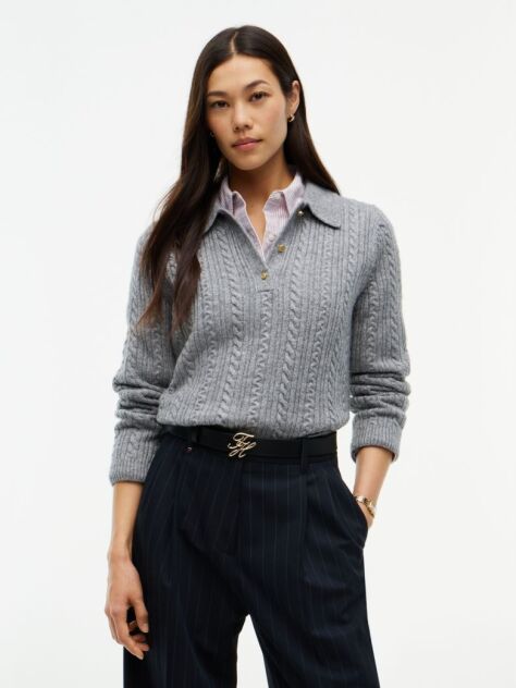 Grey Wool Blend Cable Knit Polo Jumper  Women