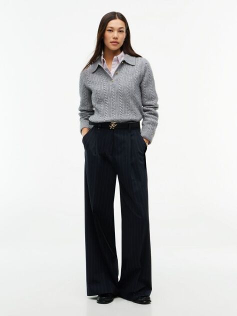Grey Wool Blend Cable Knit Polo Jumper  Women