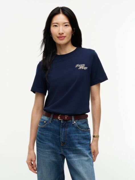 Μπλε Βαμβακερό T-Shirt Με Κλασική Λαιμόκοψη Και Λογότυπο  Γυναίκες