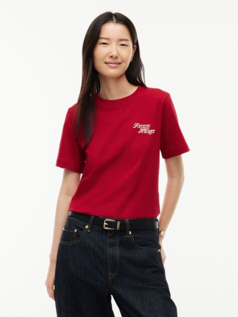 Κόκκινο Βαμβακερό T-Shirt Με Κλασική Λαιμόκοψη Και Λογότυπο  Γυναίκες