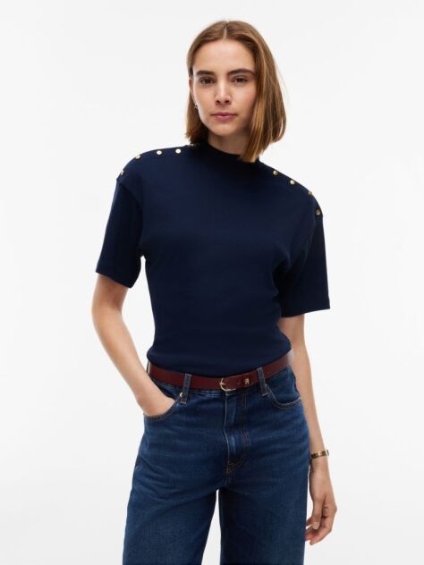 Μπλε T-Shirt Με Χρυσά Κουμπιά Και Λαιμόκοψη Mock  Γυναίκες