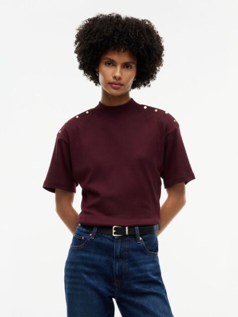 Red Gold-Tone Button Mock Neck T-Shirt  Women