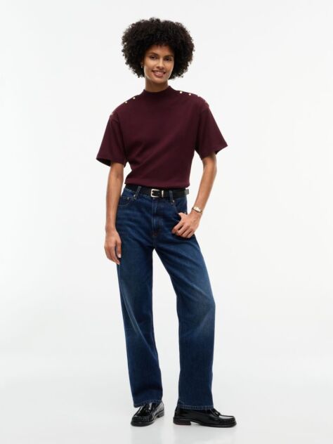 Red Gold-Tone Button Mock Neck T-Shirt  Women