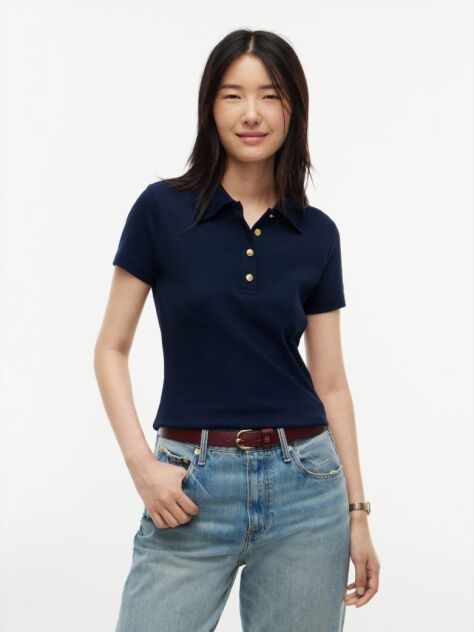 Blue Slim Fit Gold-Tone Button Polo Shirt  Women