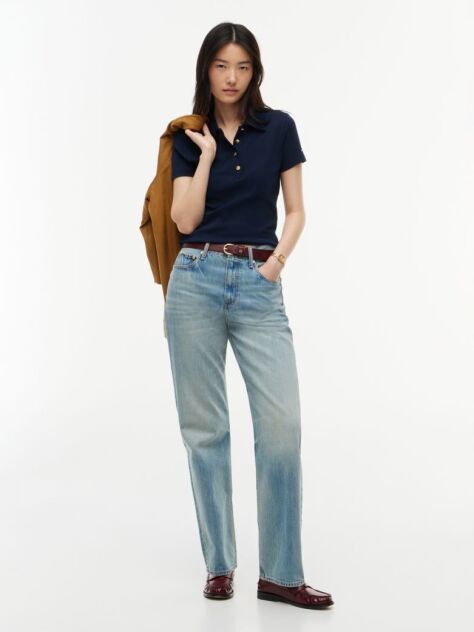 Blue Slim Fit Gold-Tone Button Polo Shirt  Women