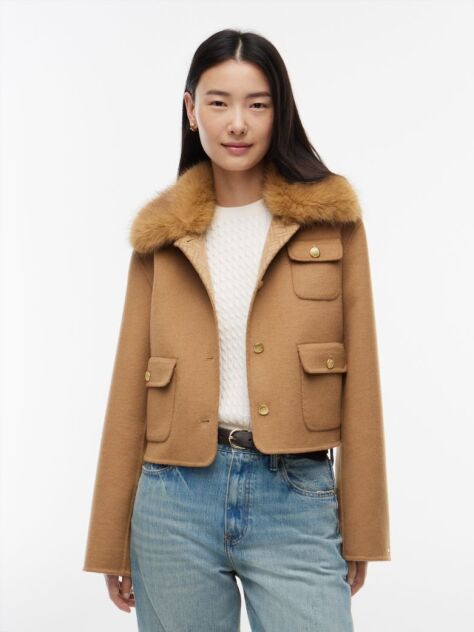 Brown Faux Fur Collar Wool Blend Jacket  Women