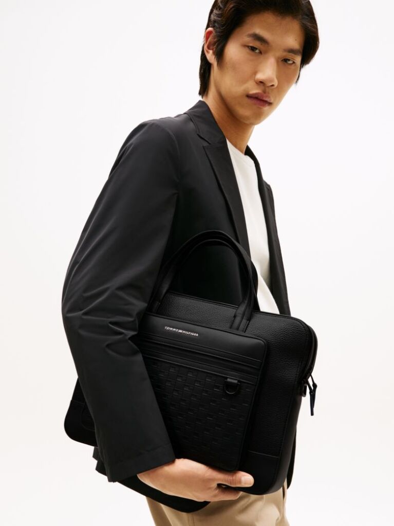 Black Modern Repeat Flag Pocket Laptop Bag  Men