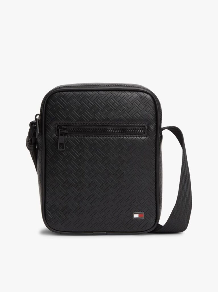 Black Embossed Flag Crossover Reporter Bag  Men