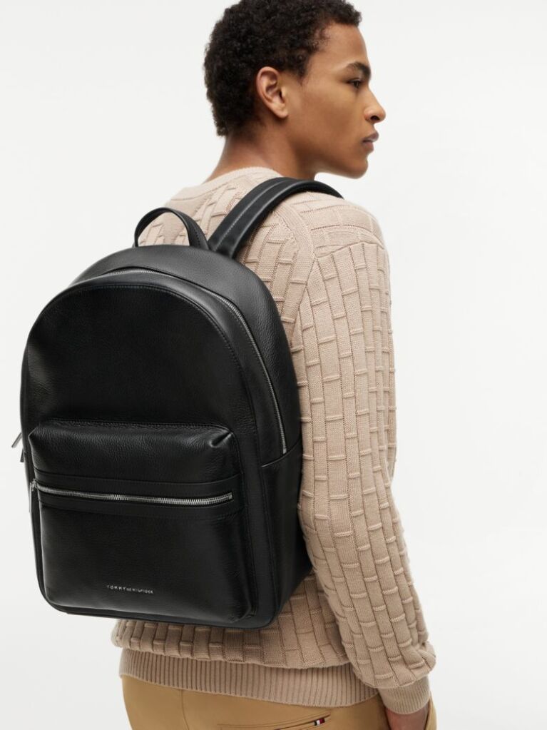 Black TH Business Premium Leather Dome Backpack  Men