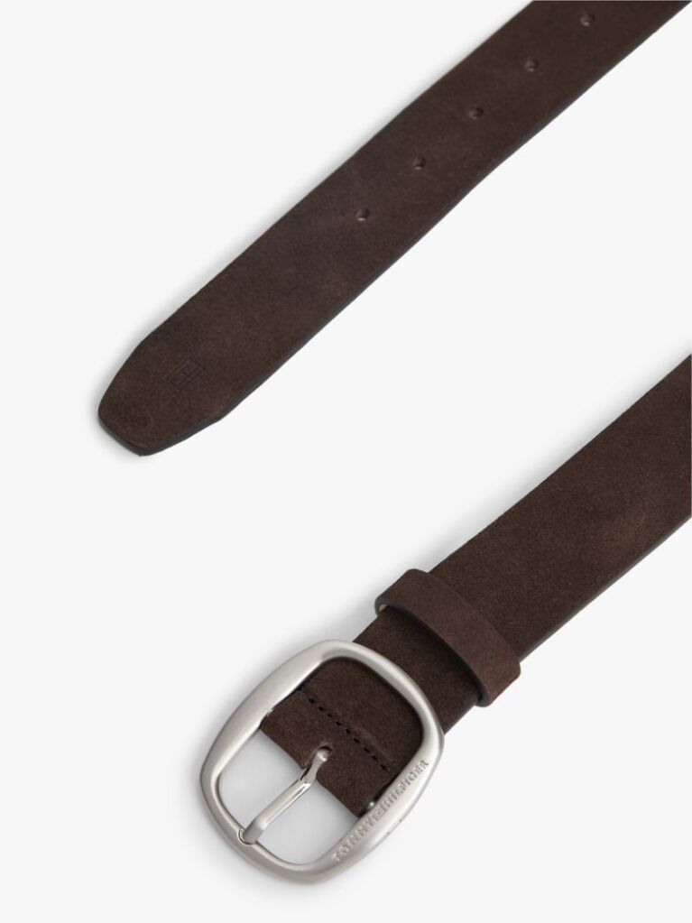 Brown Oval Buckle Debossed Suede Belt  Men