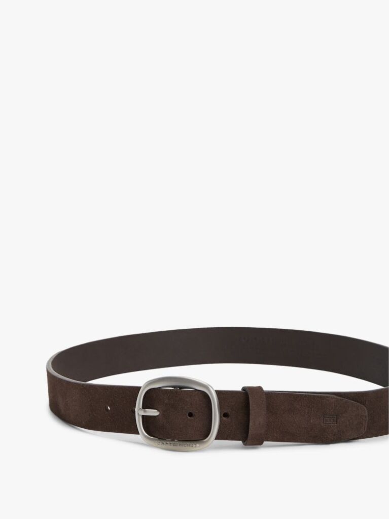 Brown Oval Buckle Debossed Suede Belt  Men
