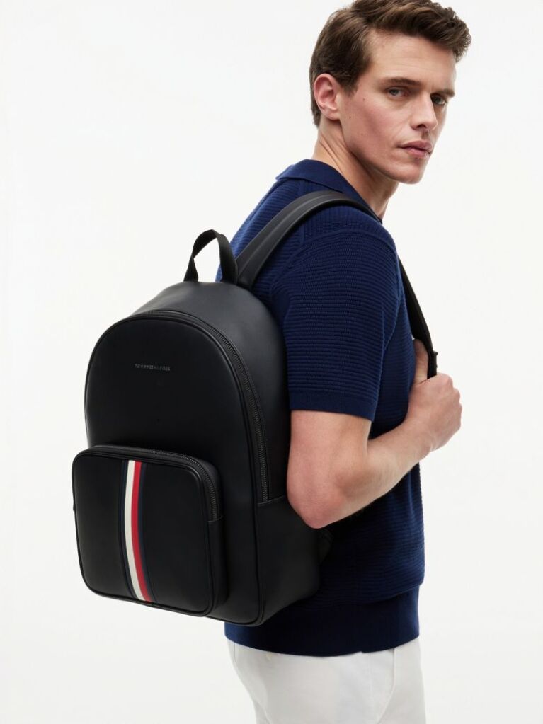 Black Signature Tape Logo Dome Backpack  Men