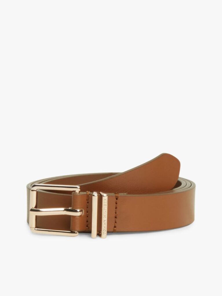 Brown Square Buckle Logo Keeper Leather Belt  Women