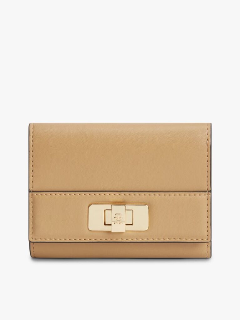 Beige Modern TH Monogram Turn Lock Trifold Wallet  Women