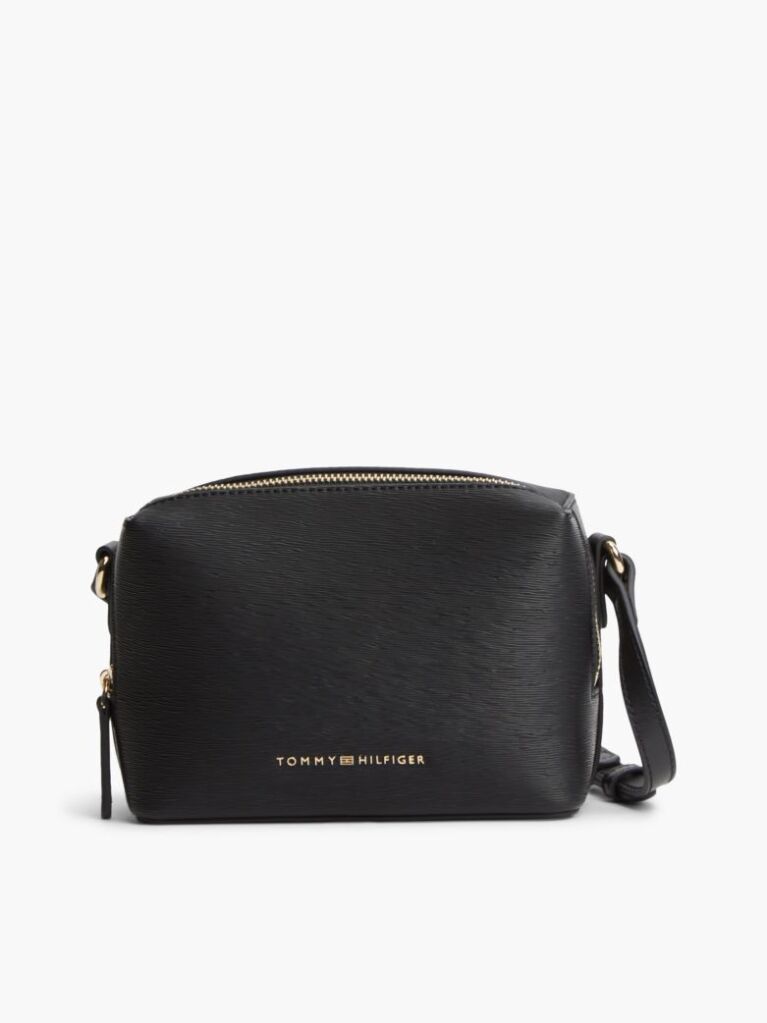 Black Modern Metallic Logo Textured Camera Bag  Women
