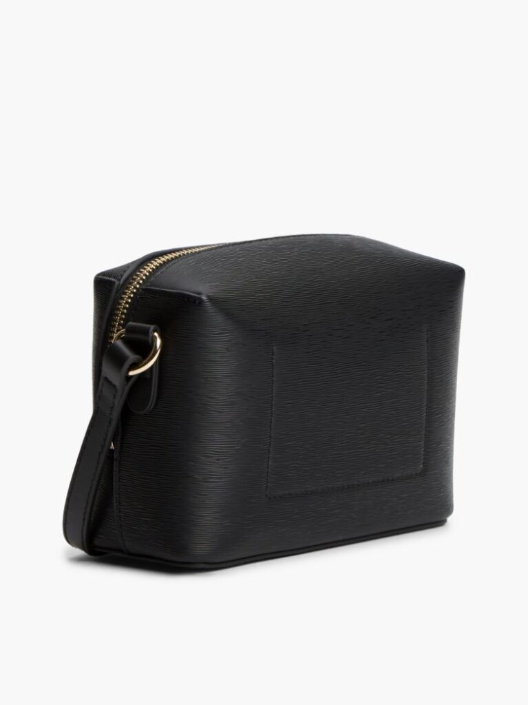 Black Modern Metallic Logo Textured Camera Bag  Women