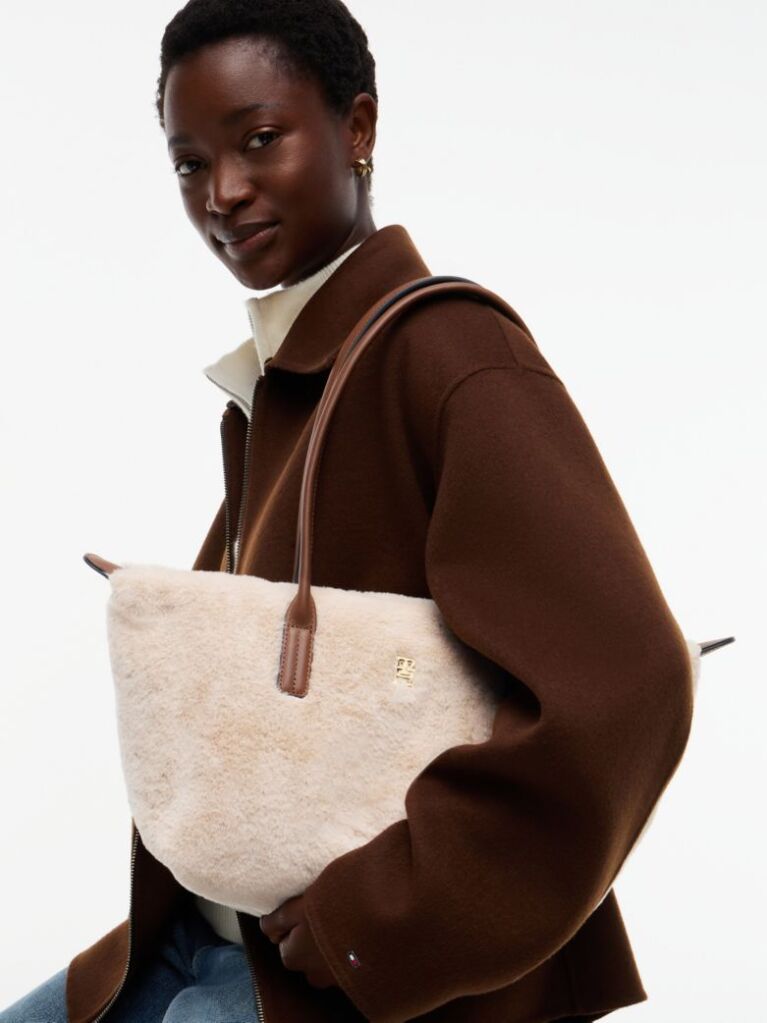 Black Popette Faux Fur Elongated Tote Bag  Women