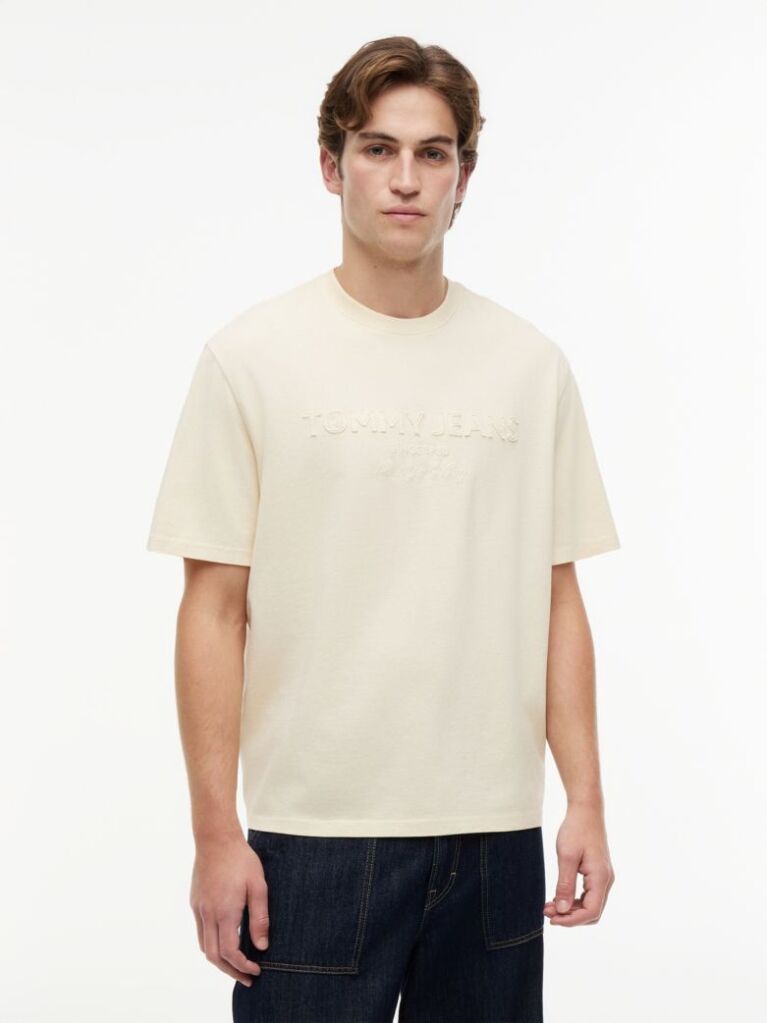 Μπεζ Κλασικό Φαρδύ T-shirt Με Μονόχρωμο Λογότυπο  Άνδρες