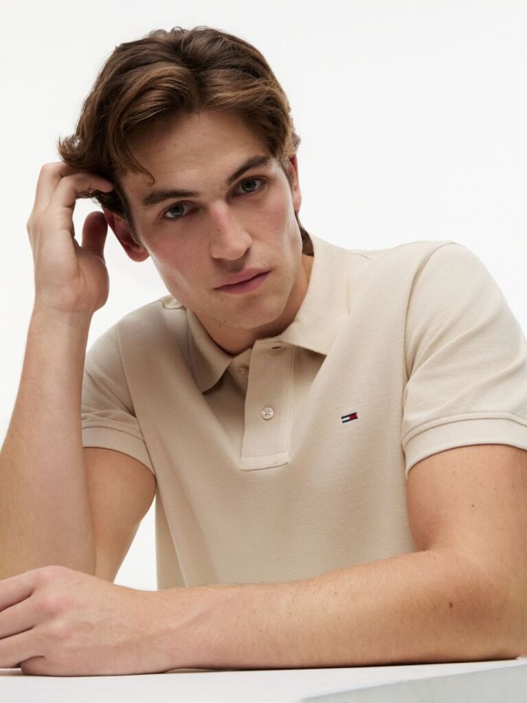 Beige Hilfiger Flag Regular Fit Pique Polo Shirt  Men