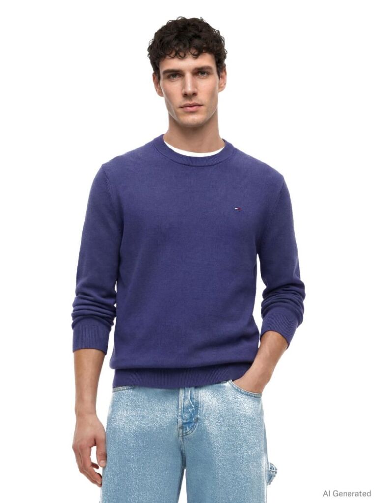Blue Tommy Flag Slim Crew Neck Jumper  Men
