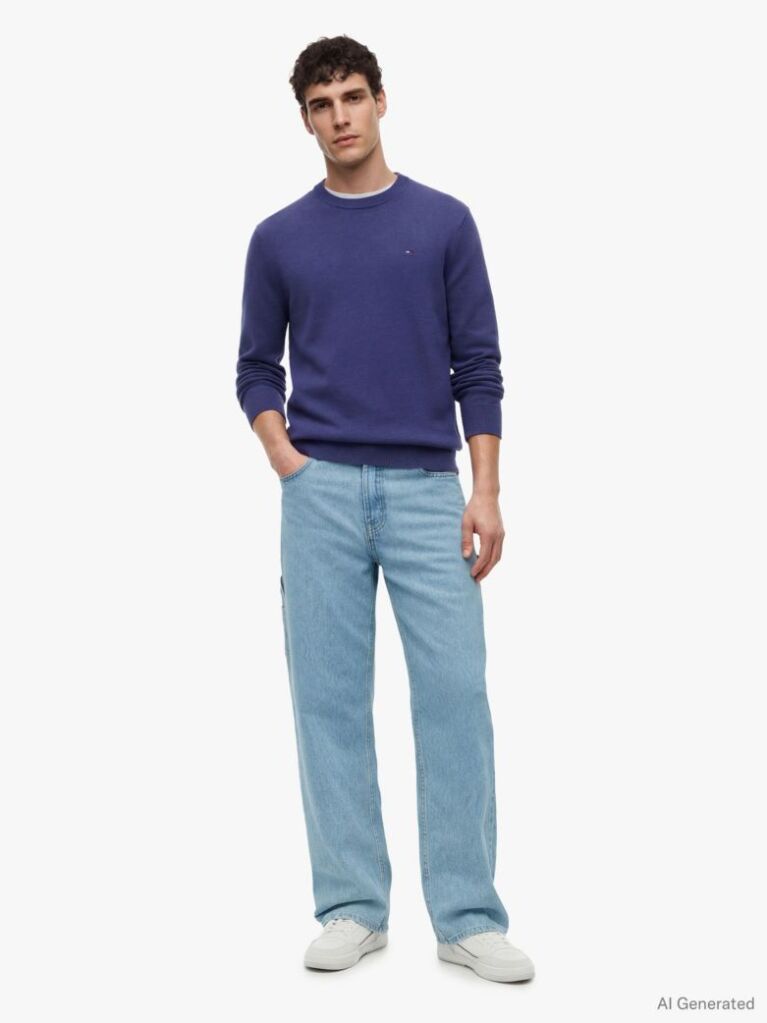 Blue Tommy Flag Slim Crew Neck Jumper  Men