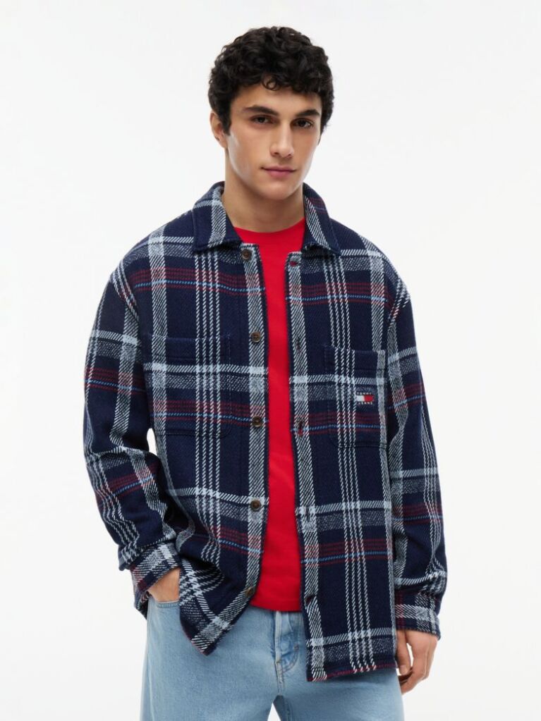 Multi Oversized Fit Check Textured Twill Overshirt  Men