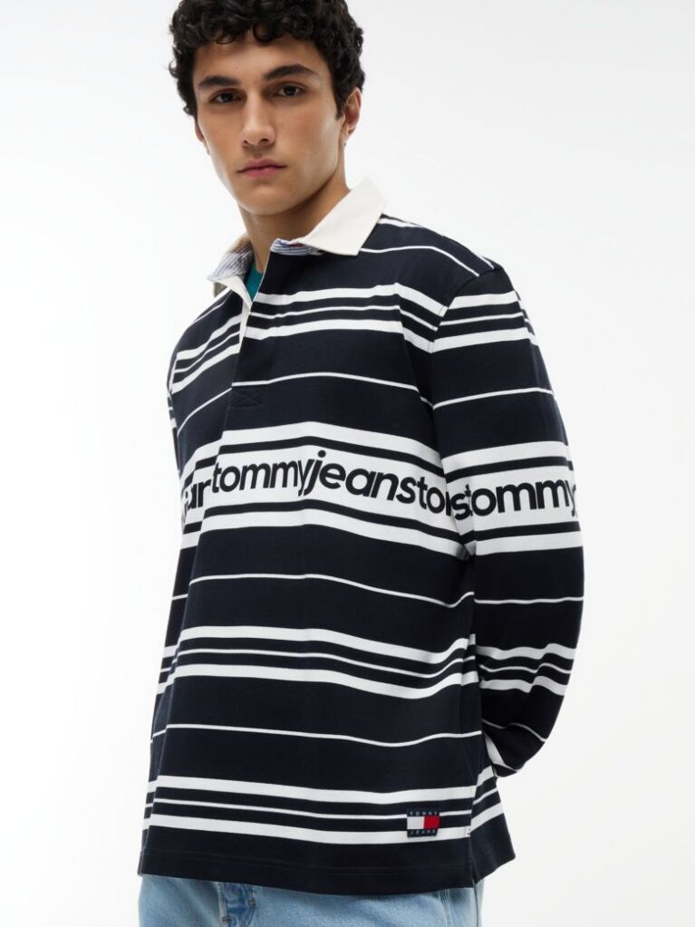 Blue Relaxed Fit Logo Stripe Rugby Shirt  Men