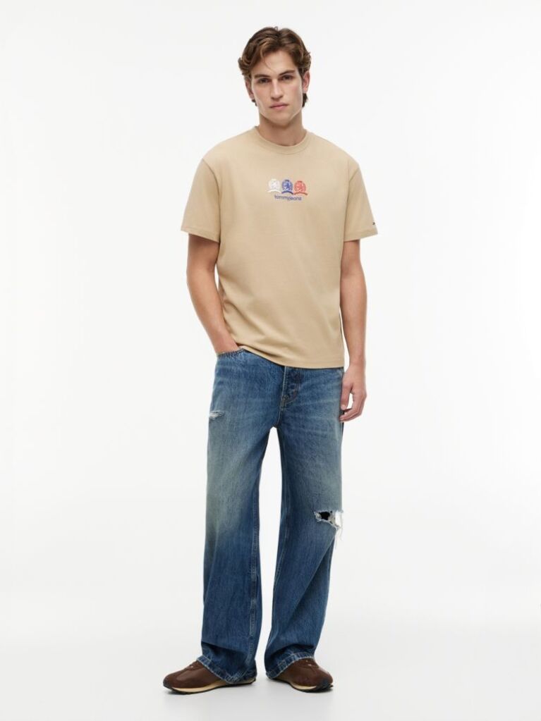 Μπεζ T-Shirt Σε Άνετη Γραμμή Με Λογότυπο Στην Πλάτη  Άνδρες