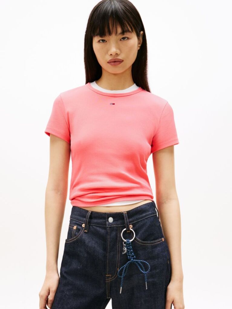 Ροζ Essential Ριμπ T-Shirt Σε Slim Γραμμή  Γυναίκες