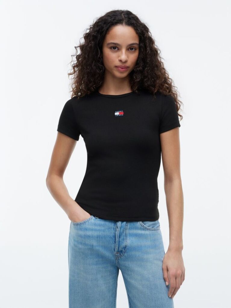 Μαύρο Κοντομάνικο T-Shirt Ριμπ Σε Slim Γραμμή  Γυναίκες