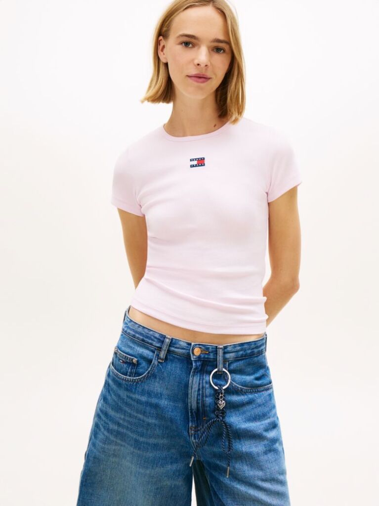 Ροζ Κοντομάνικο T-Shirt Ριμπ Σε Slim Γραμμή  Γυναίκες
