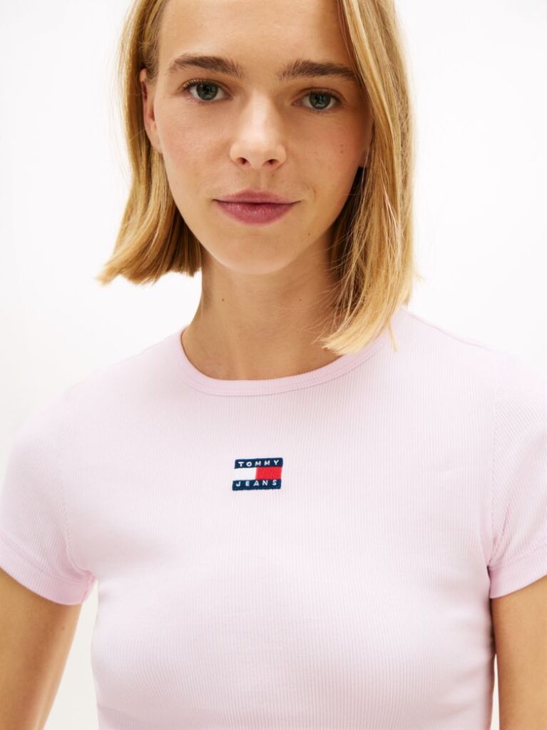 Ροζ Κοντομάνικο T-Shirt Ριμπ Σε Slim Γραμμή  Γυναίκες