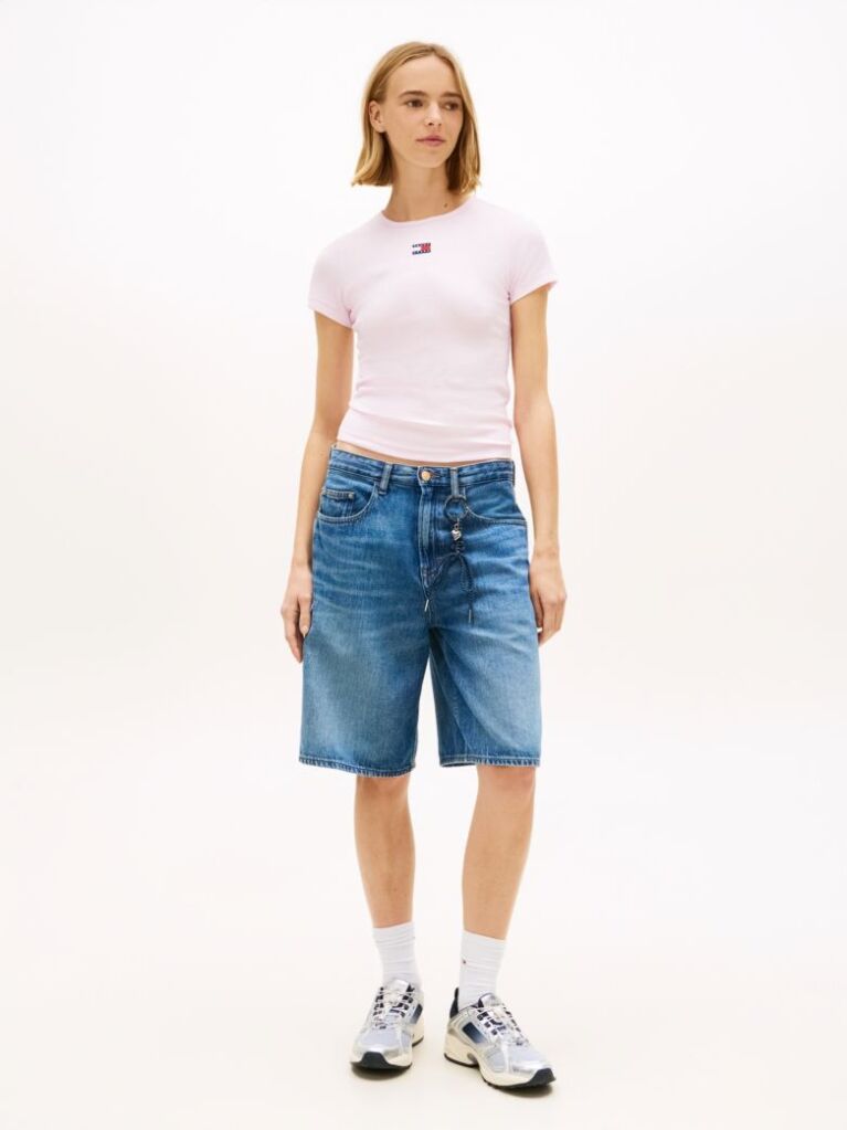 Ροζ Κοντομάνικο T-Shirt Ριμπ Σε Slim Γραμμή  Γυναίκες