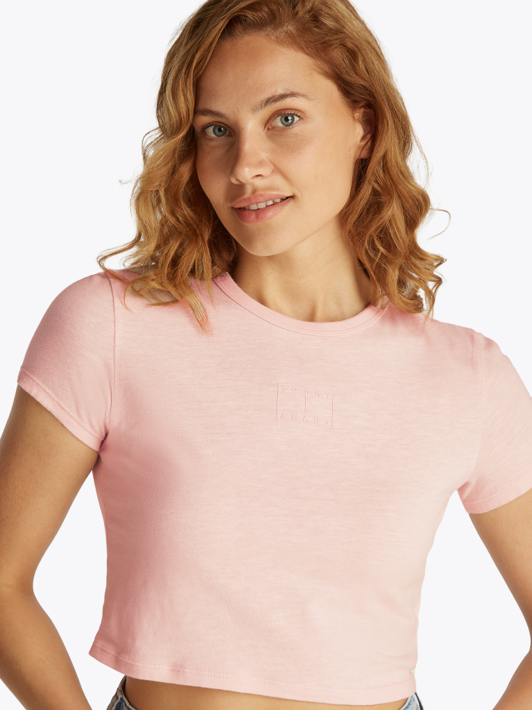 Pink Slim Fit Cropped Tonal Flag T-Shirt  Women