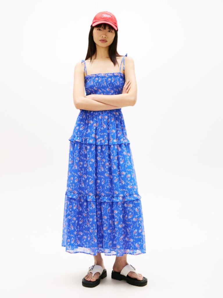 Blue Floral Print Chiffon Wrap Maxi Dress  Women