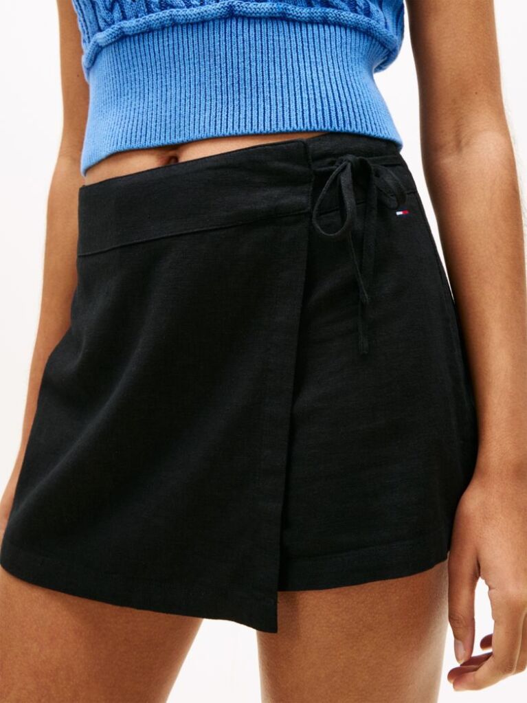 Black Side Tie Linen Blend Skort  Women