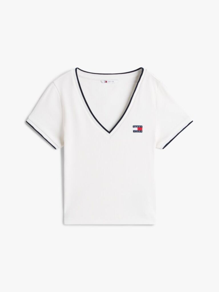 White Tommy Badge Low V-Neck Slim T-Shirt  Women
