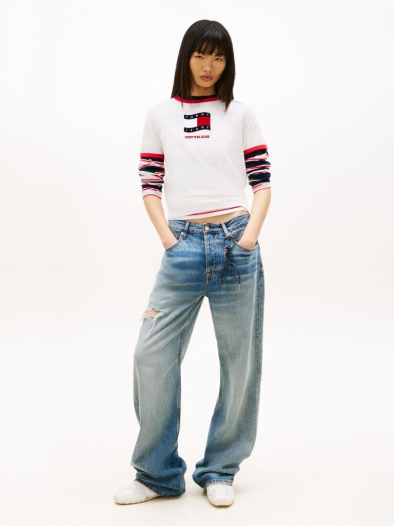 White Wavy Flag Contrast Ringer T-Shirt  Women