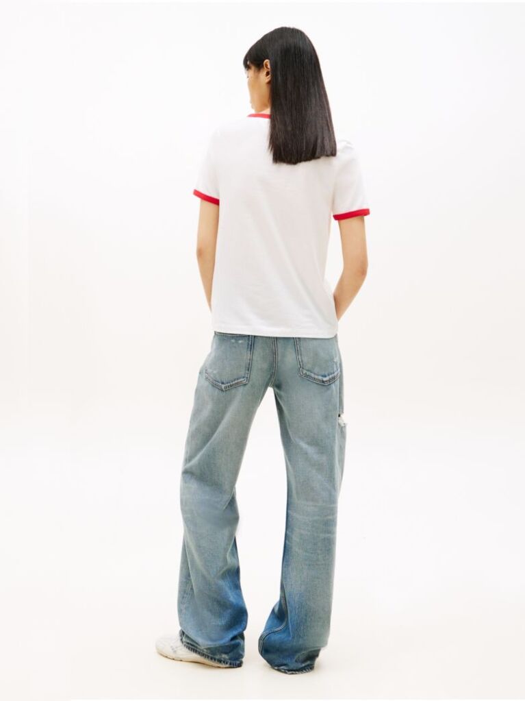 White Wavy Flag Contrast Ringer T-Shirt  Women