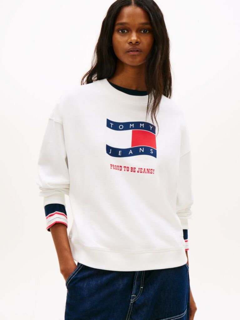 White Wavy Flag Sueded Terry Boxy Sweatshirt  Women