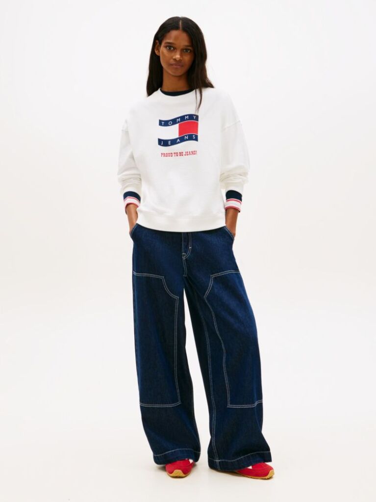 White Wavy Flag Sueded Terry Boxy Sweatshirt  Women