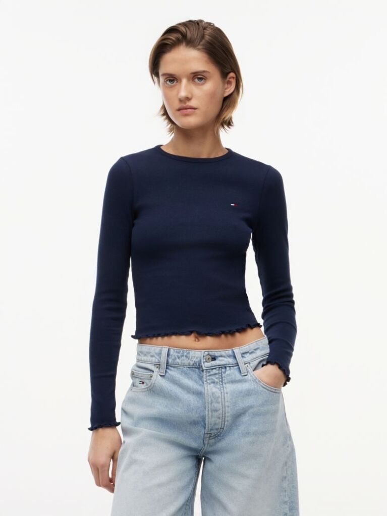 Blue Ribbed Ruffle Slim Long Sleeve T-Shirt  Women